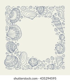 Seashell border frame, ocean pattern. Vector illustration. Zentangle seashell. Hand drawn artwork. Beach concept for restaurant menu card, ticket, branding. Monochrome dark grey blue, beige colors