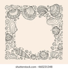 Seashell border frame, ocean pattern. Vector vintage illustration. Zentangle artwork. Beach concept for restaurant menu card, ticket, branding. Black and beige colors