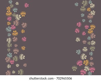 Seashell border vector illustration. Mollusk conch, pearl scallop, bivalve shellfish, underwater object, aquatic nature card seashell frame template. Marine or oceanic sea shell border.