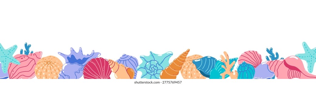 Seashell border vector, summer beach frame with shells and coral, marine decorative horizontal banner isolated on white