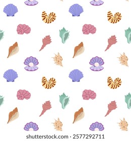 Seashell cartoon illustration seamless pattern. Summer time, beach, holidays. Water, sea life. Vector isolated on white background