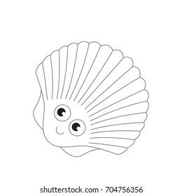 Seashell cartoon. Outlined funny illustration with thin line black stroke