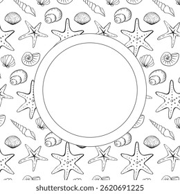 Seashell circle round frame template for text. Vector graphic line ink illustration free hand drawing, sketch style. Banner, poster, wrapping paper, sticker, print, modern textile design.
