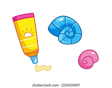 Seashell clam and sunscreen set. Vector illustration in cartoon childish style. Isolated funny clipart on white background. cute print.
