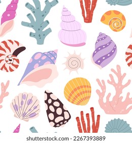 Seashell clams seamless pattern. Marina shell print, beautiful seashells cartoon style, corals and plants. Racy sea nature vector background