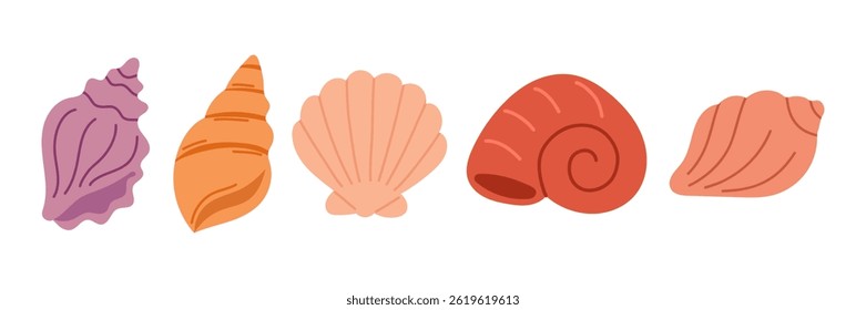 Seashell clipart set with colorful tropical shells in flat vector style for beach designs, summer decorations, vacation posters, and coastal graphic projects.

