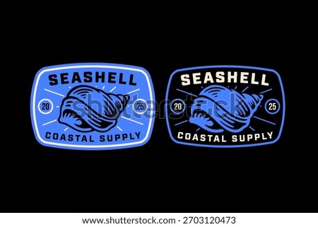 Seashell coastal retro badge logo vector design set for shoreline. Conch marine shell vintage patch illustration pack for beach adventure. Ocean shell emblem sticker element design for seaside outdoor