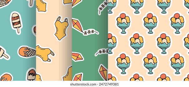 a seashell. cola. rest. palm tree. swimsuit. sink. sea. beach. Doodle. the sun. flowers. ice cream. seamless pattern. pattern. postcard. pattern. example. retro-style colors. seamless. fruits. 