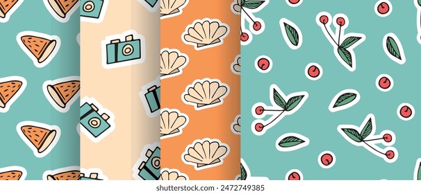 a seashell. cola. rest. palm tree. swimsuit. sink. sea. beach. Doodle. the sun. flowers. ice cream. seamless pattern. pattern. postcard. pattern. example. retro-style colors. seamless. fruits. 
