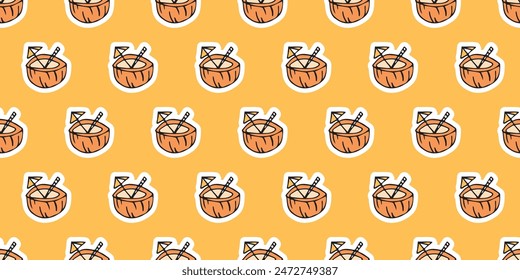 a seashell. cola. rest. palm tree. swimsuit. sink. sea. beach. Doodle. the sun. flowers. ice cream. seamless pattern. pattern. postcard. pattern. example. retro-style colors. seamless. fruits. 