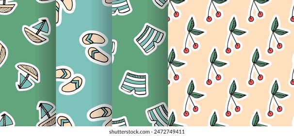 a seashell. cola. rest. palm tree. swimsuit. sink. sea. beach. Doodle. the sun. flowers. ice cream. seamless pattern. pattern. postcard. pattern. example. retro-style colors. seamless. fruits. 