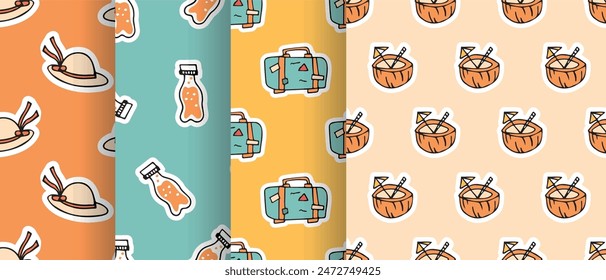 a seashell. cola. rest. palm tree. swimsuit. sink. sea. beach. Doodle. the sun. flowers. ice cream. seamless pattern. pattern. postcard. pattern. example. retro-style colors. seamless. fruits. 