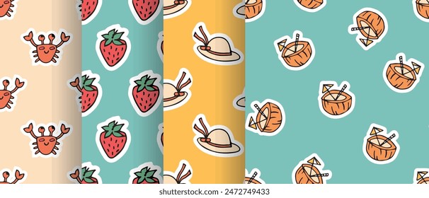 a seashell. cola. rest. palm tree. swimsuit. sink. sea. beach. Doodle. the sun. flowers. ice cream. seamless pattern. pattern. postcard. pattern. example. retro-style colors. seamless. fruits. 