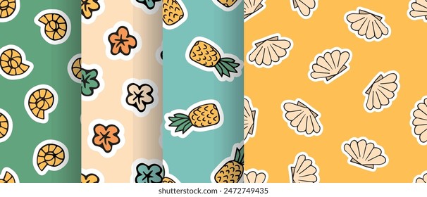a seashell. cola. rest. palm tree. swimsuit. sink. sea. beach. Doodle. the sun. flowers. ice cream. seamless pattern. pattern. postcard. pattern. example. retro-style colors. seamless. fruits. 