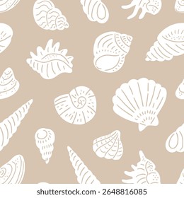 Seashell collection seamless pattern design for fabric or wallpaper. Stylish vector hand-drawn shells on the sand background. Beach repeat print design.