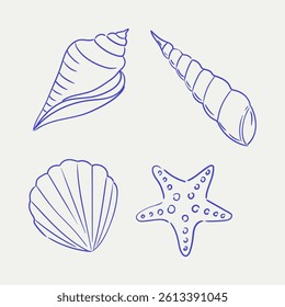 Seashell collection, summer beach, seashell set. Blue shells, poster, print, vector illustration