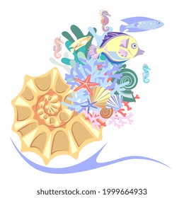 Seashell and colorful coral, tropical fish, sea horse, starfish. Concept of abstract cornucopia. Cartoon style. Vector illustration.