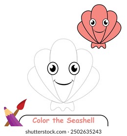 Seashell para colorear ilustración de color, libro para colorear o página para colorear para niños, dibujo de línea de concha, Ilustración vectorial de concha
