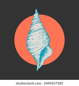 Seashell cone is hand drawn in stylized silhouette on red circle, round, dark background. Icon, logo, emblem.