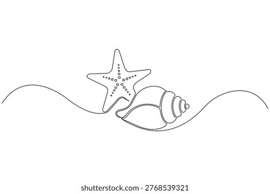 Seashell continuous one line drawing minimalist style isolate outline illustration coastal design