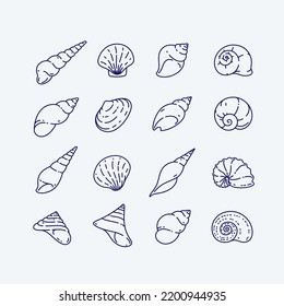 Seashell contour illustration. Line art icon set.