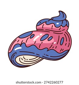 Seashell with curved spiral form, layered shell texture and bold outline contour, glossy highlights and rounded marine shape. Seashell in retro groovy cartoon style vector illustration.