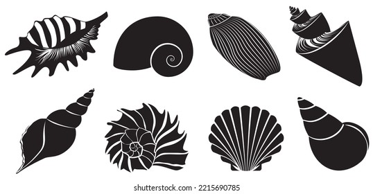 Seashell dark black silhouettes set vector illustration