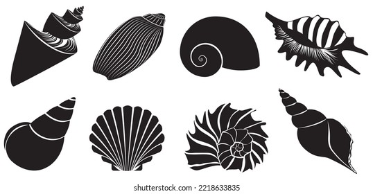 Seashell dark black silhouettes set vector illustration