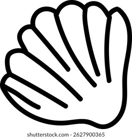 A seashell is depicted with a bold black outline and a smooth shell shape.  The image shows a scallop with radiating lines creating a ribbed texture. Cartoon vector illustration