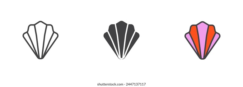 Seashell different style icon set. Line, glyph and filled outline colorful version, outline and filled vector sign. Shell symbol, logo illustration. Vector graphics