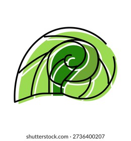 Seashell displaying a natural spiral form and intricate lines, rendered as a simplified green line art illustration on a white background, representing sustainability and growth