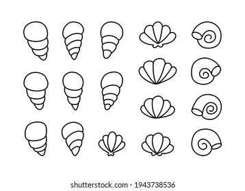 Seashell doodle icons set. Contour elements, cartoon design. Black hand drawn illustration of different ocean shells. Linear flat isolated vector, white background