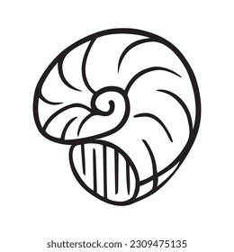 Seashell doodle isolated on white background. Hand drawn outline mollusk in ink pen. Decorative sketch logo illustration of summer seafood