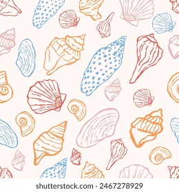 Seashell doodle seamless pattern vector illustration