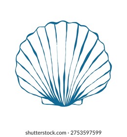 Seashell in doodle style. Sea snail shell in blue. Hand drawn vector outline illustration isolated on white background.