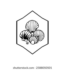 Seashell Elegance: A Coastal Summer Dream. Black and white illustration of seashells in a hexagonal frame, evoking beach vibes and relaxation.