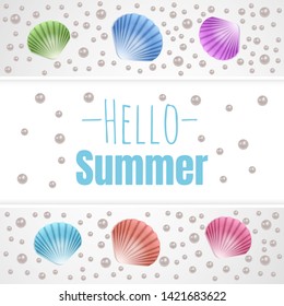 Seashell element of your design, Travel time banner. Hello Summer, holiday seashells frame. Vector EPS 10 illustration.
