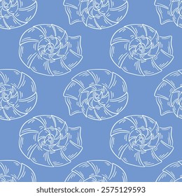 Seashell fossil seamless pattern in line art style on blue background. Undersea ocean print design for fabrics, wallpaper, fish menu, cards. Vector illustration.