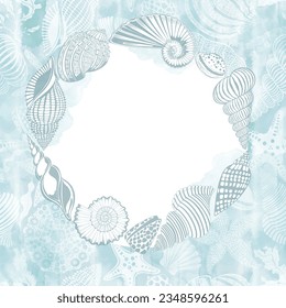 Seashell frame. Pre-made design with  place for text on blue watercolor background. Vector layout decorative greeting card or invitation design background.