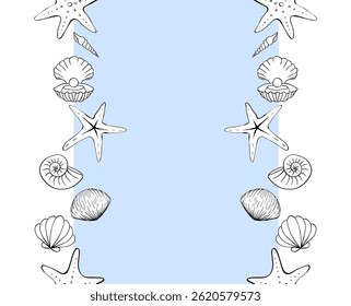 Modelo de borda vertical sem costura do quadro da concha para texto. Ilustração da tinta da linha gráfica do vetor. desenho livre do quadro redondo, estilo do esboço Para o logotipo, web, pacote, etiqueta.
