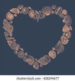 Seashell frame in the shape of heart, dark background. Free hand drawing, sketch style