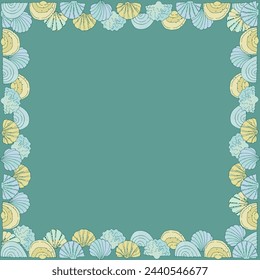 Seashell frame for summer photos, social media for holiday design with place for your text. Greeting card template. Isolated on white background