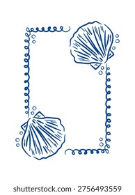 Seashell frame with swirling borders and bubble accents in hand-drawn line style. Symbol of beach mood, ocean vibe, and coastal elegance for invites or menus. Cartoon vector illustration.