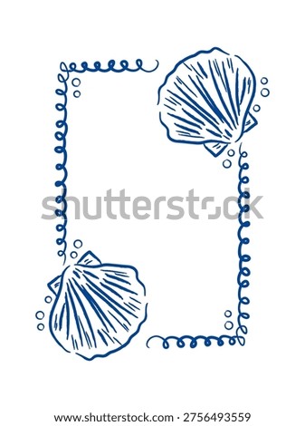 Seashell frame with swirling borders and bubble accents in hand-drawn line style. Symbol of beach mood, ocean vibe, and coastal elegance for invites or menus. Cartoon vector illustration.