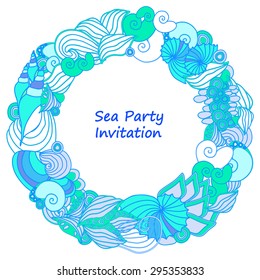  seashell frame. vector doodle invitation background. greeting card