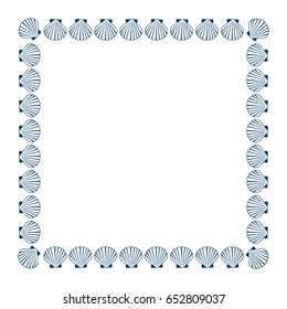 Seashell frame vector illustration. Marine or oceanic sea shell border. Mollusk conch, pearl scallop, bivalve shellfish, underwater object, beach or holiday symbol, aquatic nature card frame template.