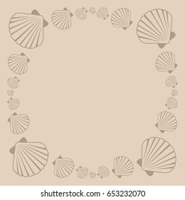 Seashell frame vector illustration. Marine or oceanic sea shell border. Mollusk conch, pearl scallop, bivalve shellfish, underwater object, beach or holiday symbol, aquatic nature card frame template.