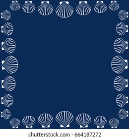 Seashell frame vector illustration. Marine or oceanic sea shell border. Mollusk conch, pearl scallop, bivalve shellfish, underwater object, beach or holiday symbol, aquatic nature card frame template.