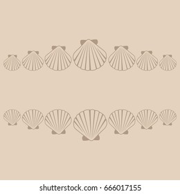 Seashell frame vector illustration. Marine or oceanic sea shell border. Mollusk conch, pearl scallop, bivalve shellfish, underwater object, beach or holiday symbol, aquatic nature card frame template.