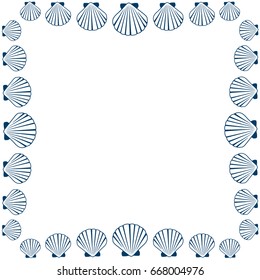 Seashell frame vector illustration. Marine or oceanic sea shell border. Mollusk conch, pearl scallop, bivalve shellfish, underwater object, beach or holiday symbol, aquatic nature card frame template.